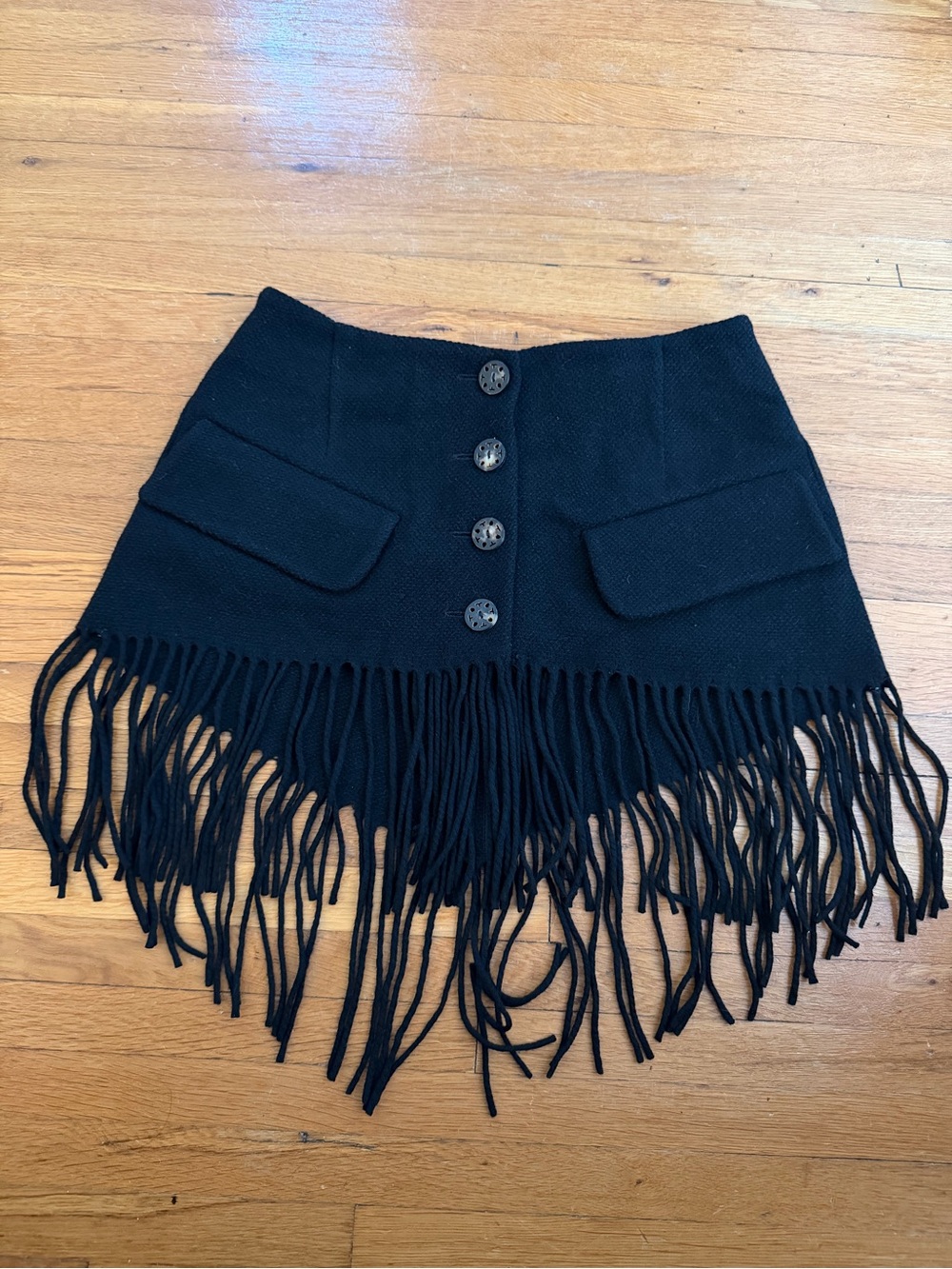 Vintage Annex Black Fringe Button-Front Mini Skirt